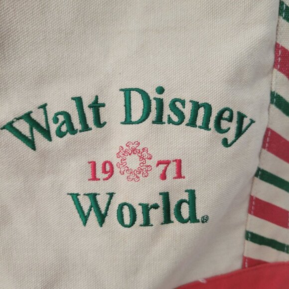 Walt Disney World Canvas Tote Bag 1971 Logo Red & Green Striped Handles Cream/Re - Picture 2 of 11